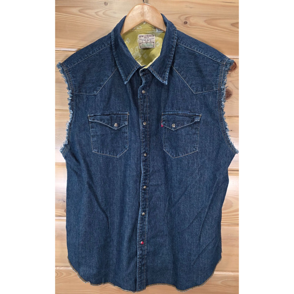 Levis Western Sleeveless Pearl Snap Shirt Men XL Frayed Denim Muscle Summer - Picture 1 of 9
